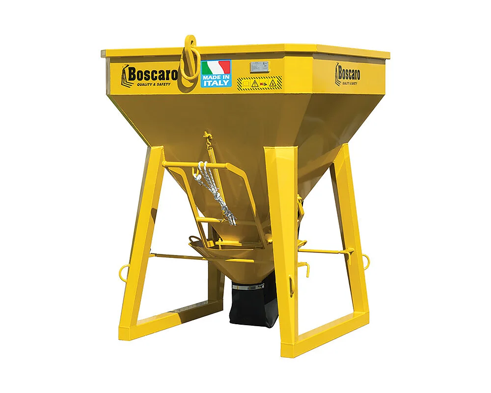 Concrete column skip with rubber hose, levered opening, and lateral lifting points