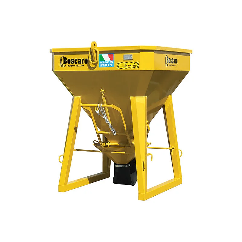 Concrete column skip with rubber hose, levered opening, and lateral lifting points