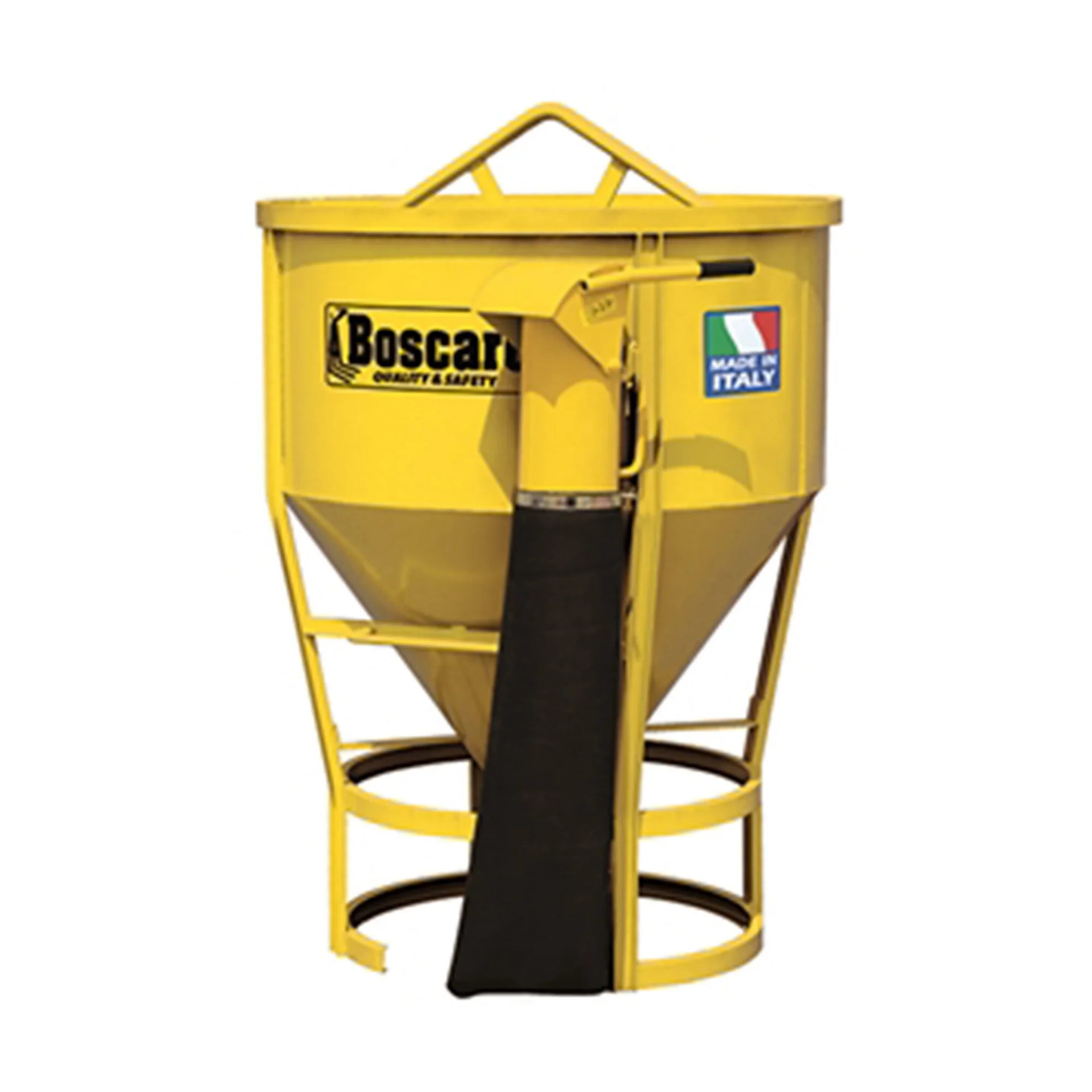 Conical concrete bucket with rubber hose and valve at the end of the